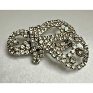 Vintage Rhinestone Bow Brooch Silver Tone 2” Sparkly Statement Pin